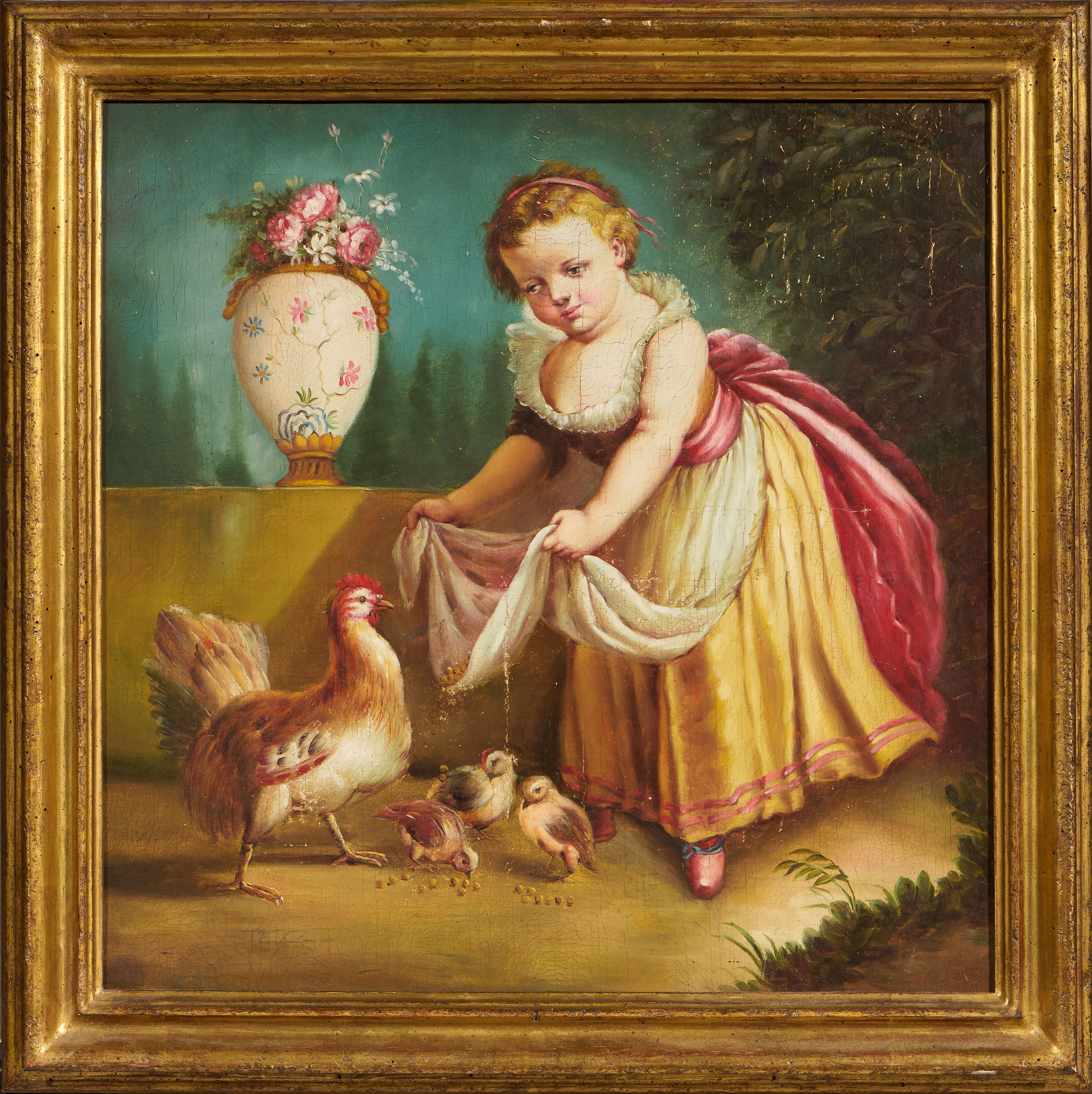 Michele Antonio Rapous (attr. A) - Contadinella che nutre i pulcini e Bambina con levriero, olio ...
