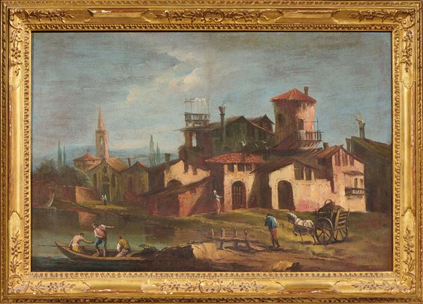 Scuola veneta del XVIII secolo : Paesaggio con case rustiche in riva al lago  - Olio su tela - Asta Dipinti Antichi - Dipinti del XIX e XX secolo - Casa d'aste Farsettiarte