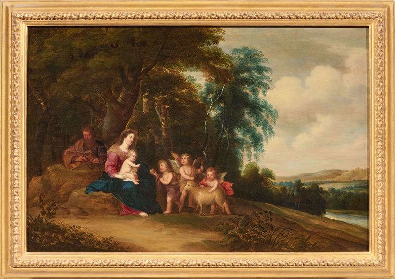 Scuola Fiamminga del XVII Secolo - Anonimo fiammingo del XVII secolo, Sacra Famiglia con San Giov...