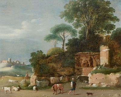 Paesaggio con pastori e ruderi