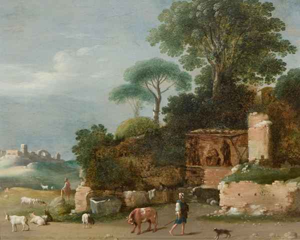 Cornelis van Polemburgh (attr. a) : Paesaggio con pastori e ruderi  - Olio su tavola - Asta Dipinti Antichi - Dipinti del XIX e XX secolo - Casa d'aste Farsettiarte
