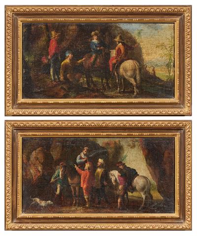 Scena di genere, Due dipinti con viaggiatori a cavallo, olio su tela