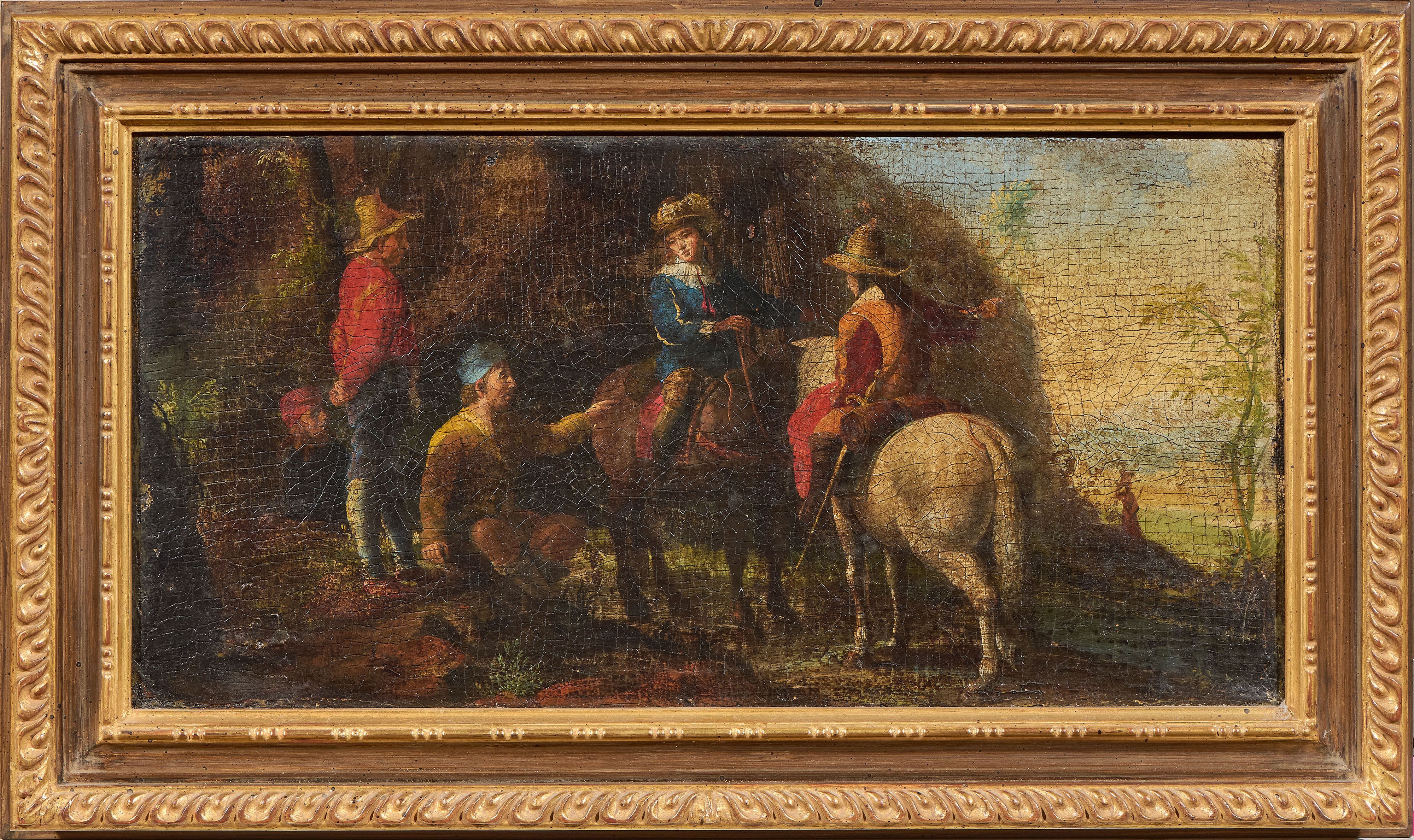 Scuola Fiamminga del XVII Secolo - Scena di genere, Due dipinti con viaggiatori a cavallo, olio s...