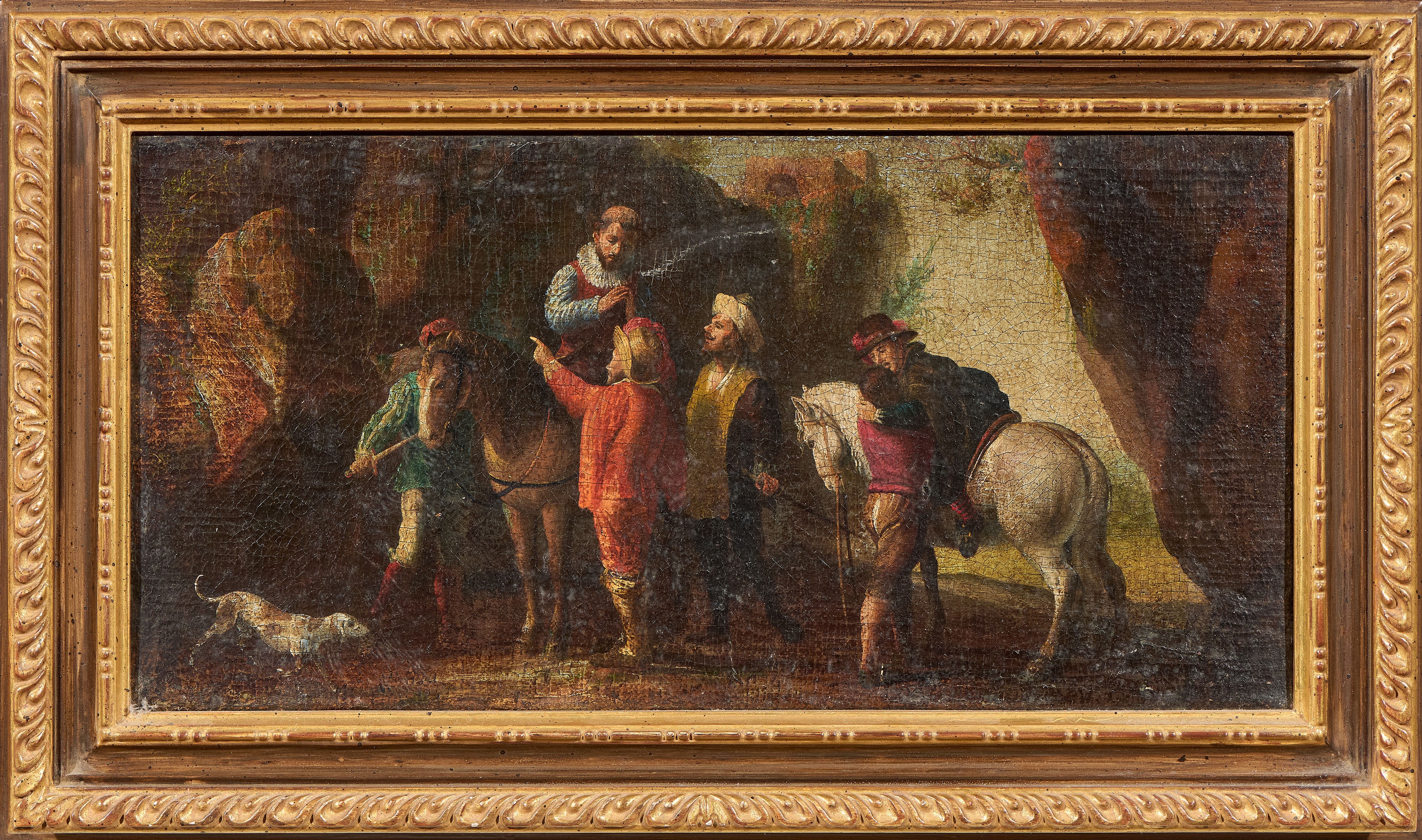 Scuola Fiamminga del XVII Secolo - Scena di genere, Due dipinti con viaggiatori a cavallo, olio s...