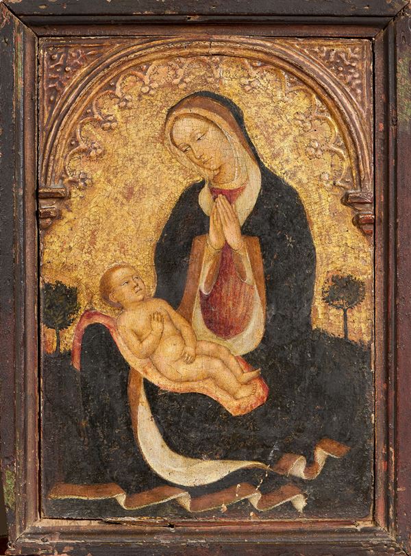 Scuola di Gentile da Fabriano, prima met&amp;#224; XV secolo : Madonna col Bambino (Madonna dell'Umiltà)  - Olio su tavola a fondo oro - Asta Dipinti Antichi - Dipinti del XIX e XX secolo - Casa d'aste Farsettiarte