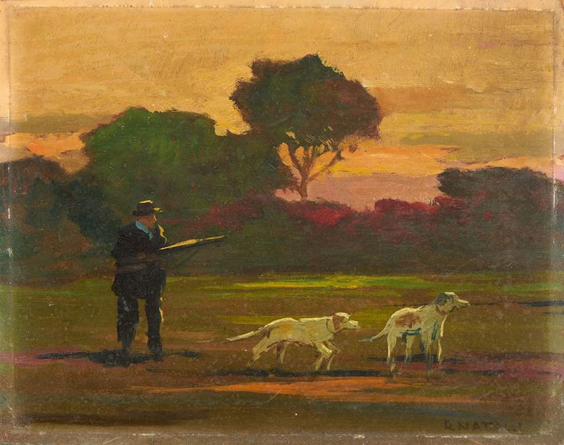 Renato Natali - Scena di caccia, olio su faesite