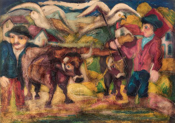 Giuseppe Serafini : Contadini  - Tecnica mista su cartone - Auction Parade - Modern, Contemporary and Graphic Art - Casa d'aste Farsettiarte