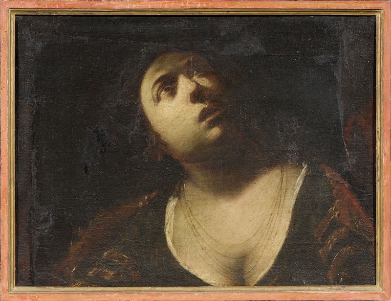 Francesco Cairo (attr. A) - Figura in estasi (Maddalena penitente), olio su tela riportata su pan...