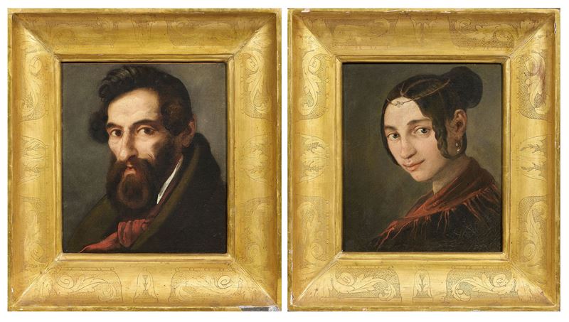 Scuola Lombarda del XIX Secolo - Ritratti, olio su tela (Ritratto di uomo con barba; Ritratto di ...