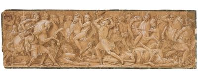 Studio di battaglia tra antichi Romani, disegno su cartoncino con rialzi a biacca