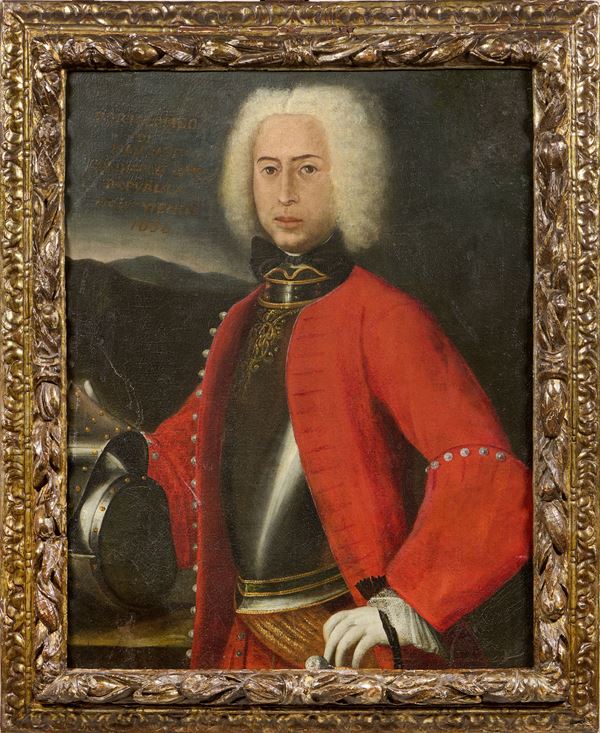 Scuola Europa centrale inizio XVIII secolo : Ritratto di militare con corazza ed elmo  - Olio su tela - Asta Dipinti Antichi - Dipinti del XIX e XX secolo - Casa d'aste Farsettiarte