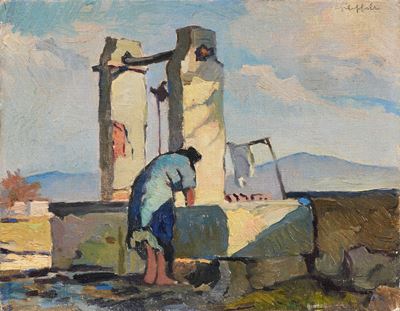 Lavandaia, olio su tela tesa su cartone