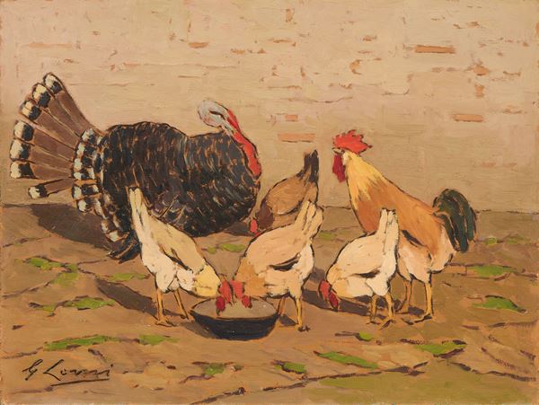 Giovanni Lomi : Bargigli al sole  - Olio su cartone pressato - Asta Ottocento, Postmacchiaioli e Novecento - Asta a tempo - Casa d'aste Farsettiarte