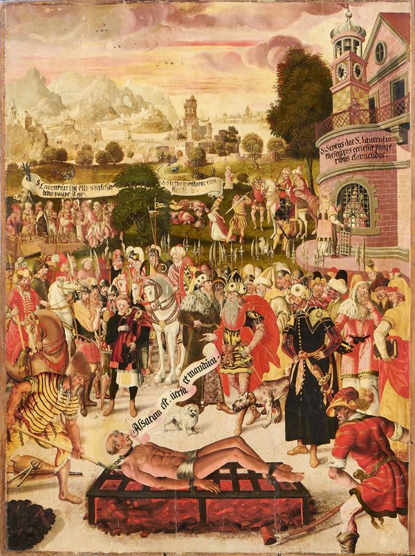 Scuola tedesca fine XVI secolo : Martirio di San Lorenzo e Papa San Sisto II  - Olio su tavola - Asta Dipinti Antichi - Dipinti del XIX e XX secolo - Casa d'aste Farsettiarte