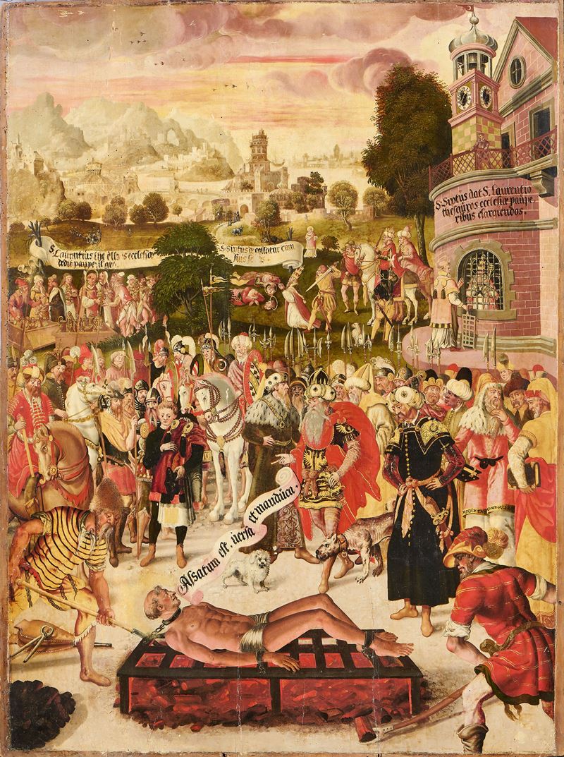 Scuola Tedesca Fine XVI Secolo - Martirio di San Lorenzo e Papa San Sisto II, olio su tavola