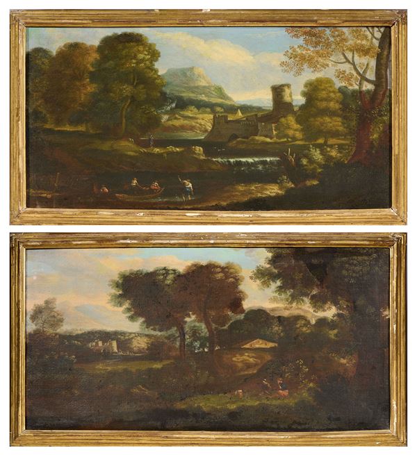 Scuola romana fine XVIII secolo - «Paesaggio fluviale con pastori e piramide sullo sfondo» e «Paesaggio con figure, fiume e torre sullo sfondo»