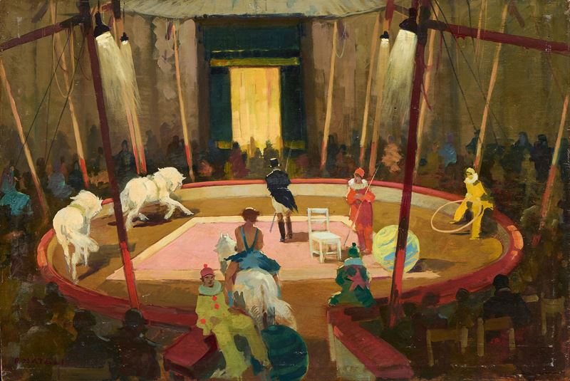 Renato Natali - Circo equestre, olio su compensato