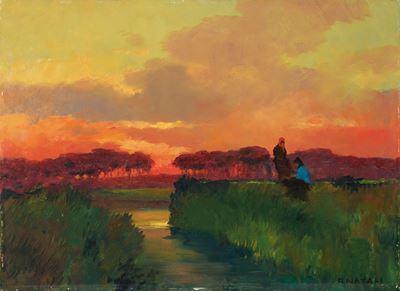 Tombolo al tramonto, olio su compensato