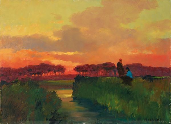 Renato Natali : Tombolo al tramonto  - Olio su compensato - Asta Ottocento, Postmacchiaioli e Novecento - Asta a tempo - Casa d'aste Farsettiarte