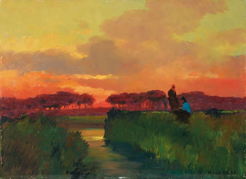 Renato Natali - Tombolo al tramonto, olio su compensato