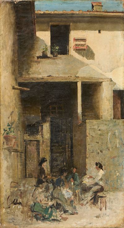 Gaetano Chierici, Cortile con figure, olio su tela