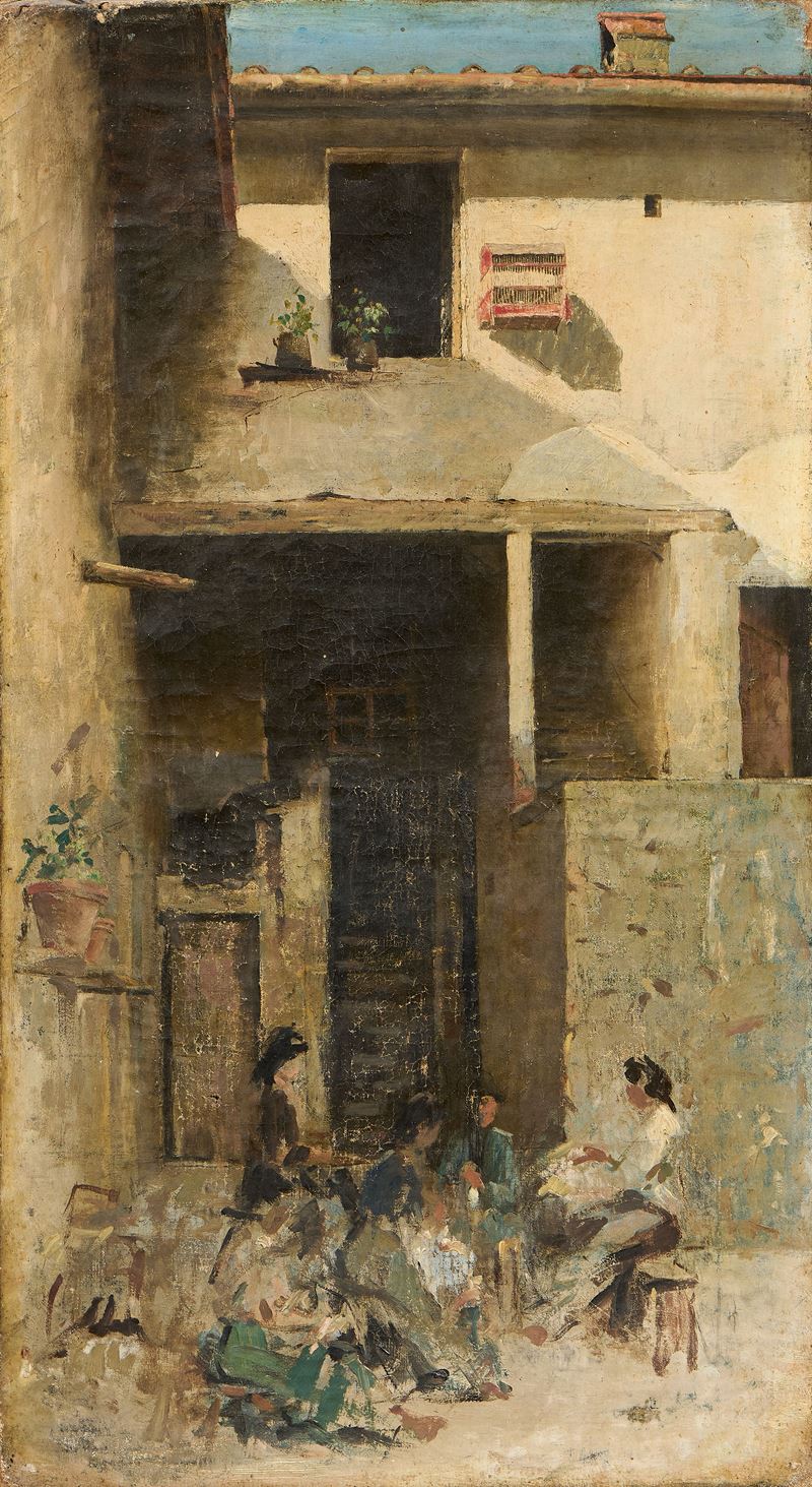 Ignoto del XIX - XX Secolo - Gaetano Chierici, Cortile con figure, olio su tela