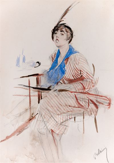 Ritratto di elegante, disegno e acquerello con gouache su carta