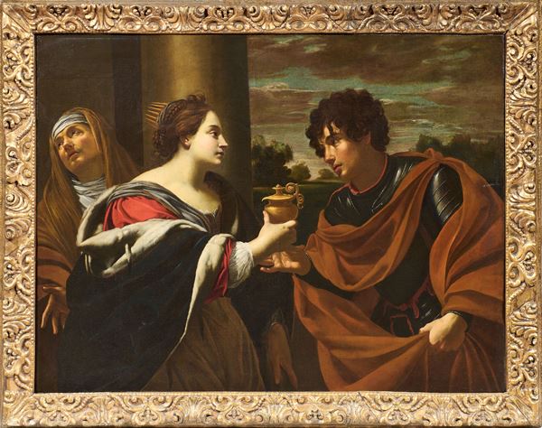 Scuola caravaggesca del XVII secolo : Sofonisba riceve la coppa di veleno inviata da Massinissa (oppure Agrippina riceve la coppa di veleno inviata da Nerone)  - Olio su tela - Asta Dipinti Antichi - Dipinti del XIX e XX secolo - Casa d'aste Farsettiarte