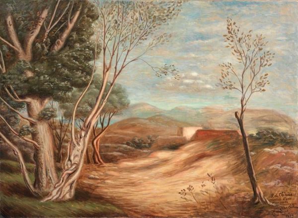 Giorgio de Chirico - Sito mediterraneo, con alberi a sinistra e casolare in fondo