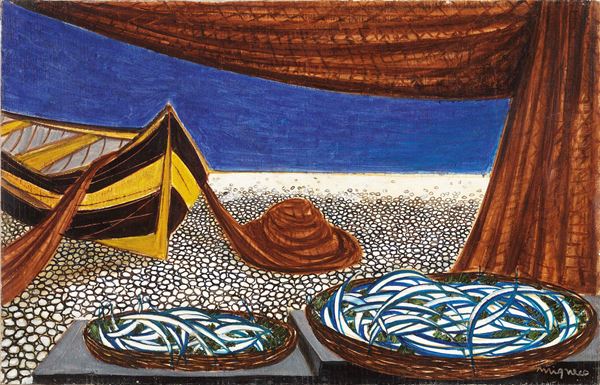 Giuseppe Migneco : Barca sulla spiaggia  - Olio su tela - Auction ARTE MODERNA - II - Casa d'aste Farsettiarte