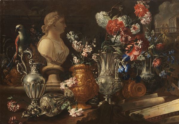 Natura morta con fiori in vaso, un busto di terracotta e rovine classiche