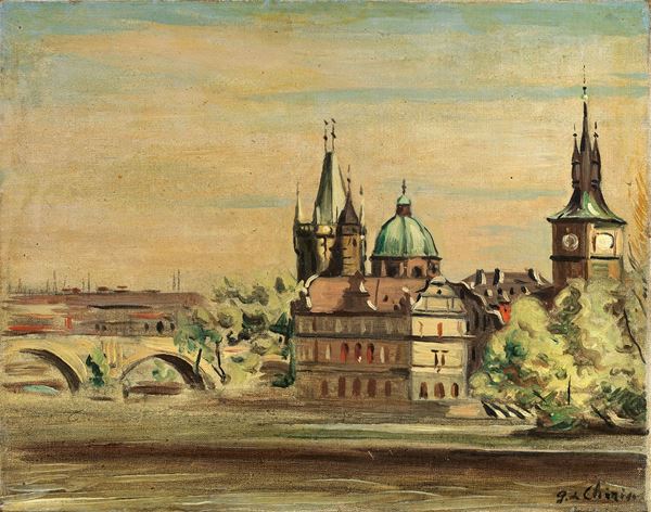 Giorgio de Chirico : Veduta di Praga con ponte sulla Moldava  (1935 ca.)  - Olio su tela - Asta ARTE MODERNA - II - Casa d'aste Farsettiarte