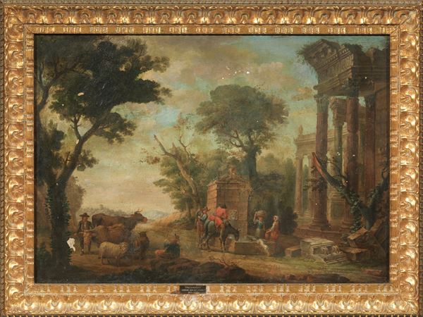 Adriaen van der Kabel : Paesaggio con architetture e figure  - Olio su tela - Asta Importanti Arredi, Sculture e Dipinti Antichi - Casa d'aste Farsettiarte