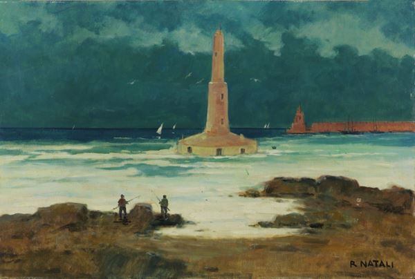 Renato Natali : Il faro  - Olio su tavola - Auction XIX AND XX CENTURY PAINTINGS AND SCULPTURES - II - Casa d'aste Farsettiarte