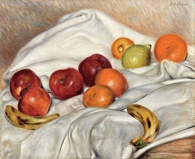 Natura Morta su un Drappo Bianco con Banane, Mele, Agrumi