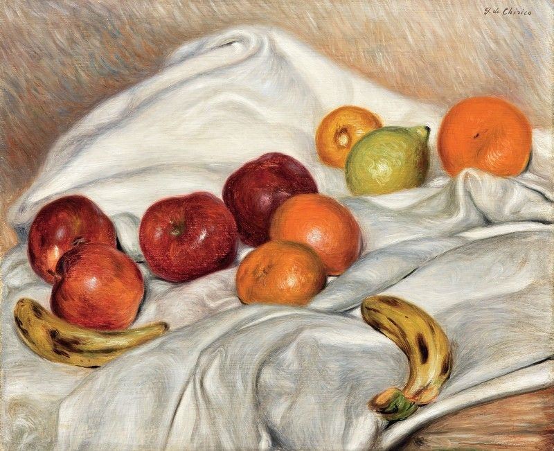 Giorgio De Chirico - Natura Morta su un Drappo Bianco con Banane, Mele, Agrumi