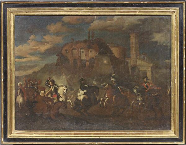 Scuola emiliana del XVII secolo (Bottega di Francesco Simoncini) - Battaglia di cavalleria con i Mori