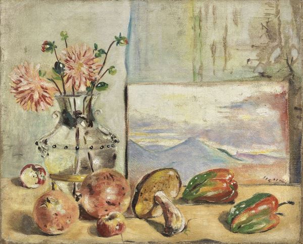 Filippo de Pisis : Natura morta con paesaggio  (1924)  - Olio su tela - Asta ARTE MODERNA - II - Casa d'aste Farsettiarte