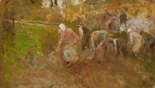 Cesare Ciani : Contadine nei campi  - Olio su cartone - Auction XIX and XX Century Paintings and Sculptures - Casa d'aste Farsettiarte