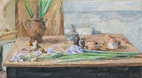 Enzo Faraoni : Giaggioli sul tavolo  ((1972))  - Olio su tela - Asta Dipinti, Disegni, Sculture e Grafica - Casa d'aste Farsettiarte