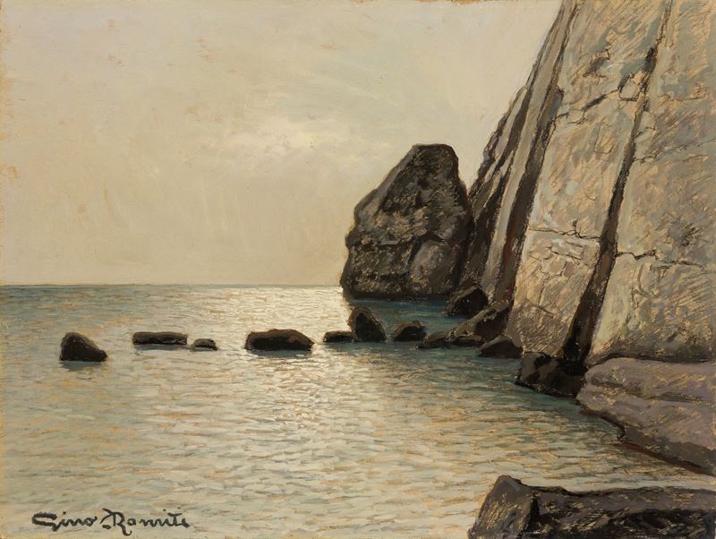 Gino Romiti - Meriggio (Scogli sul mare), olio su faesite