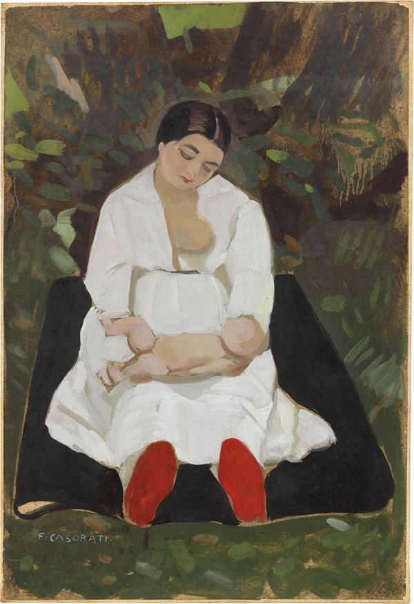 Felice Casorati : La madre (Scarpette rosse)  ((1923-24))  - Olio su carta applicata su tela - Asta Arte Moderna - II - Casa d'aste Farsettiarte
