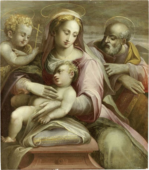 Giovanni Balducci detto Cosci (attr. a) : Sacra Famiglia con San Giovannino  - Olio su tavola - Asta IMPORTANTI DIPINTI ANTICHI - I - Casa d'aste Farsettiarte