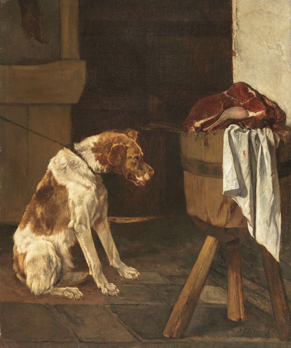 Joseph Edouard Stevens : Cane in interno  - Olio su tela - Asta Dipinti e Sculture del XIX e XX secolo - Casa d'aste Farsettiarte