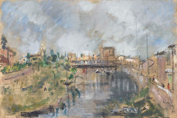 Filippo de Pisis : Il Ponte di Tiberio a Rimini  (1933)  - Olio su tela - Auction MODERN ART - II - Casa d'aste Farsettiarte