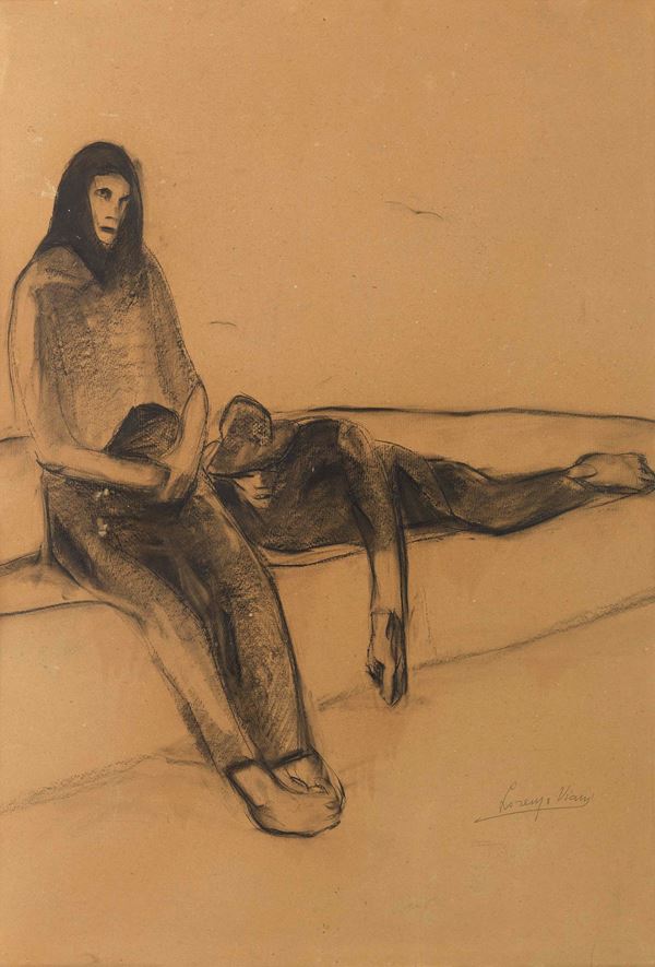 Lorenzo Viani : Attesa senza ritorno  ((1915))  - Carboncino su cartone - Asta ARTE MODERNA - II - Casa d'aste Farsettiarte