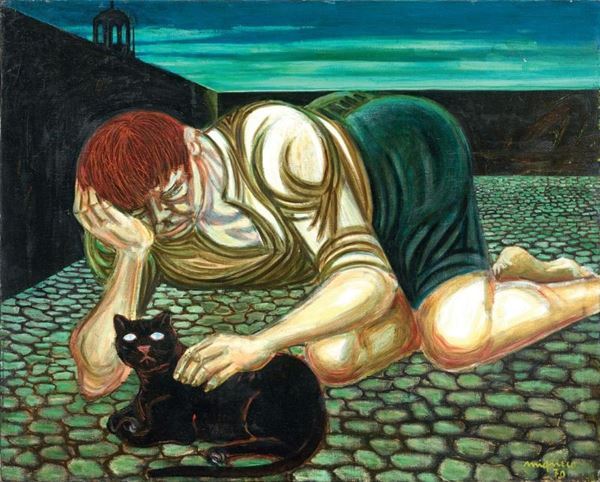 Giuseppe Migneco : Ragazzo con gatto  (1970)  - Olio su tela - Auction Arte Moderna - II - Casa d'aste Farsettiarte