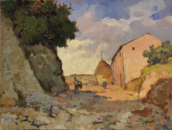 Cafiero Filippelli : Campagna con contadini  - Olio su compensato - Auction XIX AND XX CENTURY PAINTINGS AND SCULPTURES - II - Casa d'aste Farsettiarte