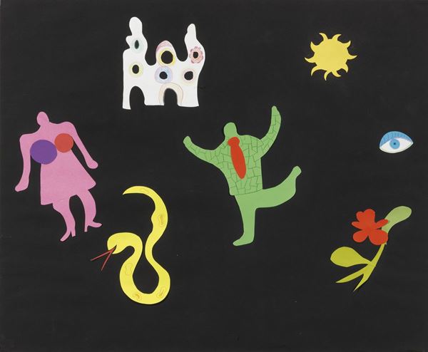 Niki de Saint Phalle : Composizione  - Collage di carte colorate e matite su cartoncino  nero - Auction CONTEMPORARY ART - I - Casa d'aste Farsettiarte