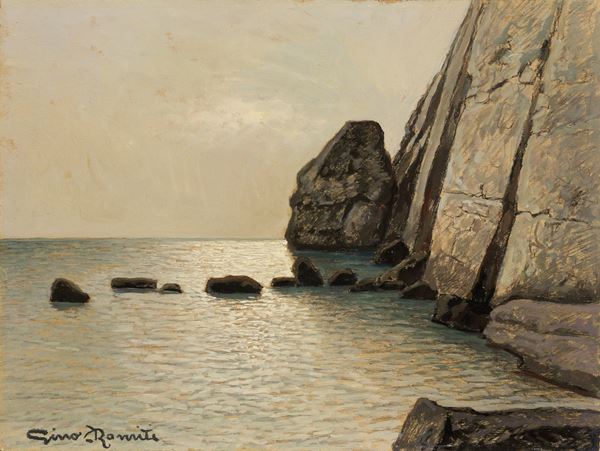 Gino Romiti : Meriggio (Scogli sul mare)  - Olio su faesite - Auction XIX and XX Century Paintings and Sculptures - Casa d'aste Farsettiarte